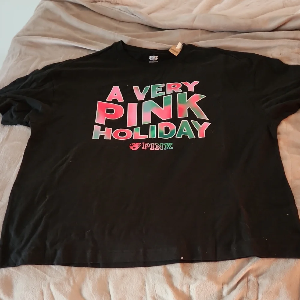 PINK Victoria's Secret Black Tee with Festive Pink and Green